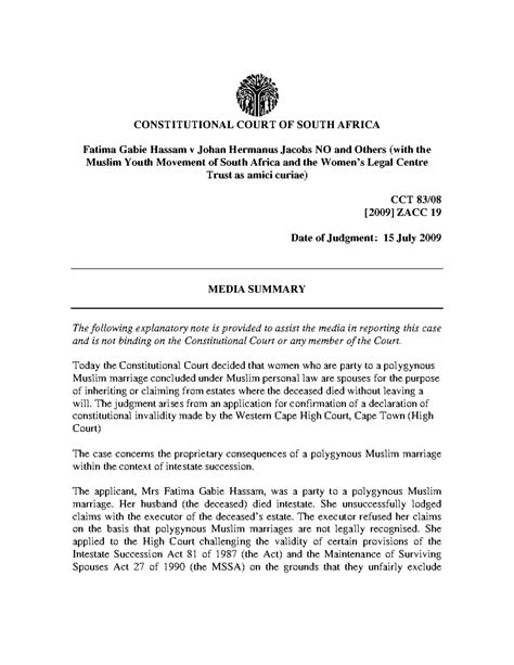 Hassam v Jacobs Case 7: Constitutional Court Summary & Rulings - Studocu