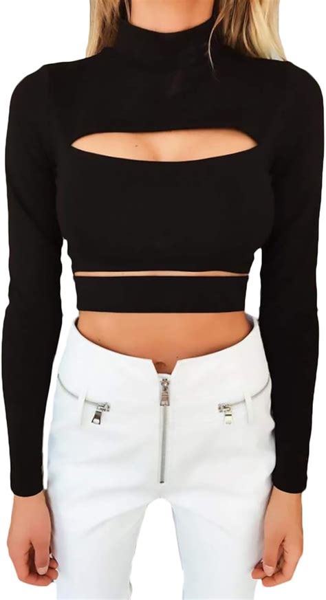 Crop Top Mujer Elegantes Manga Larga Cuello Redondo Slim Fit Hollow Sin