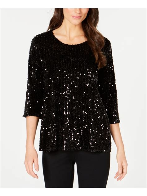 ALFANI 99 Womens New Black Sequined 3 4 Sleeve Top S B B Walmart