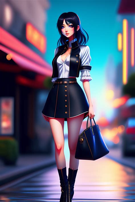 Lexica Full Body Anime Style Model Girl Black Hair Walking Blue