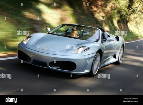 Car, Ferrari F430 Spider F1, model year 2005-, silver, Convertible, driving, diagonal from the ...