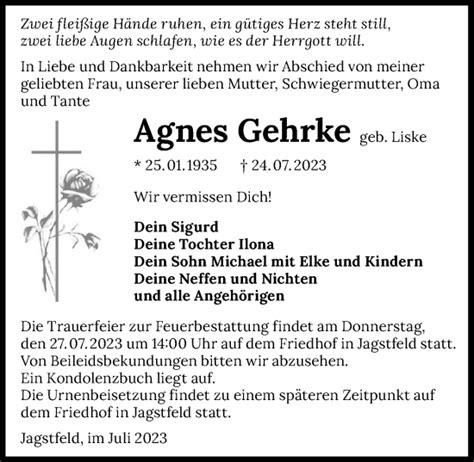 Traueranzeigen Von Agnes Gehrke Trauerundgedenken De