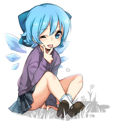 Safebooru 1girl Alternate Costume Blue Eyes Blue Hair Bow Cirno Crossed Legs Grass Hair Bow