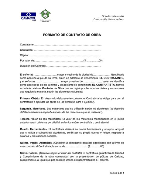 Formato De Contrato De Obra