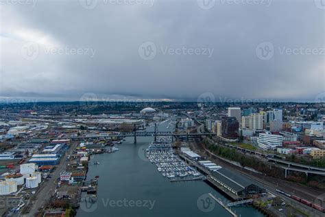 Aerial view of the downtown Tacoma, Washington waterfront skyline in ...