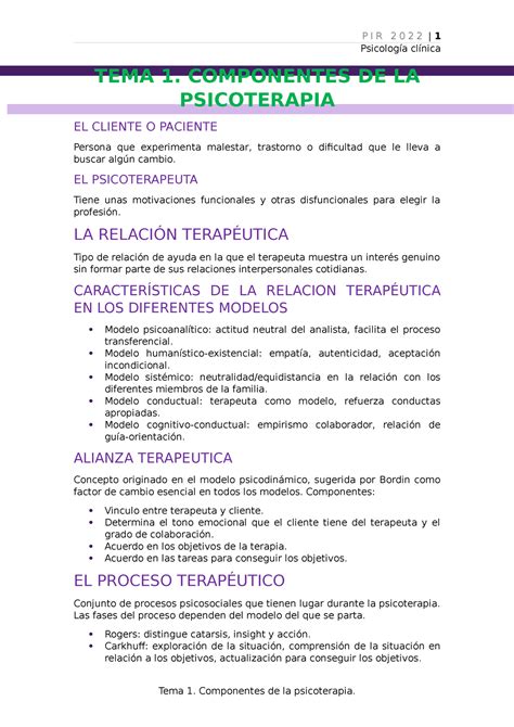 Tema 1 Componentes De La Psicoterapia P I R 2 0 2 2 1 Psicología Clínica Tema 1