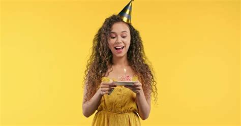 Happy Summer Birthday Woman Making Wish Blowing Candle On Cake Stock