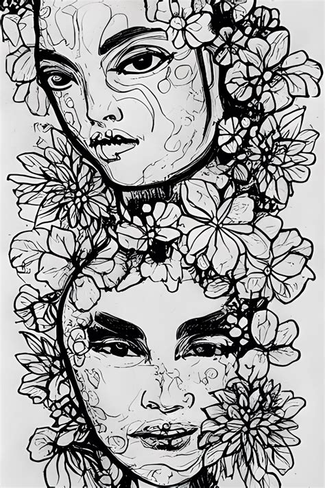 Digital Graphic Of Face Drawing With Flower Outline · Creative Fabrica