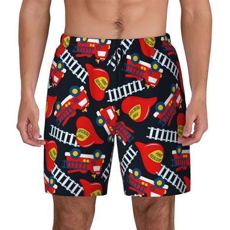 Kdxio Fire Rescue With Red Helmet And Truck Print Men S Swim Trunks