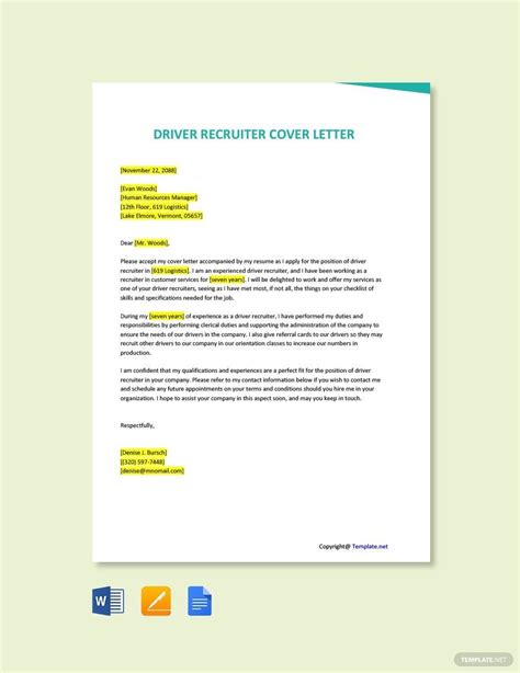 Driver Recruiter Cover Letter In Google Docs Word Pages PDF