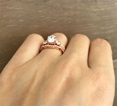 Rose Gold Bridal Set Ring Three Stone Engagement Ring Set Brilliant