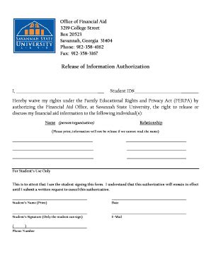 Fillable Online Savannahstate Release Of Information Authorization