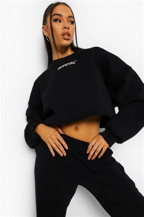 Womens Black Oversized Slogan Crop Sweater Boohoo Uk