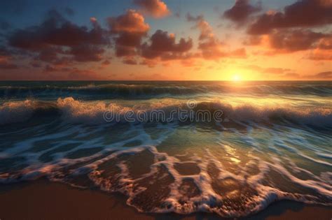 Beautiful Landscape With Colorful Ocean Wave Sea Sunset On Beach Light And Clouds On Background