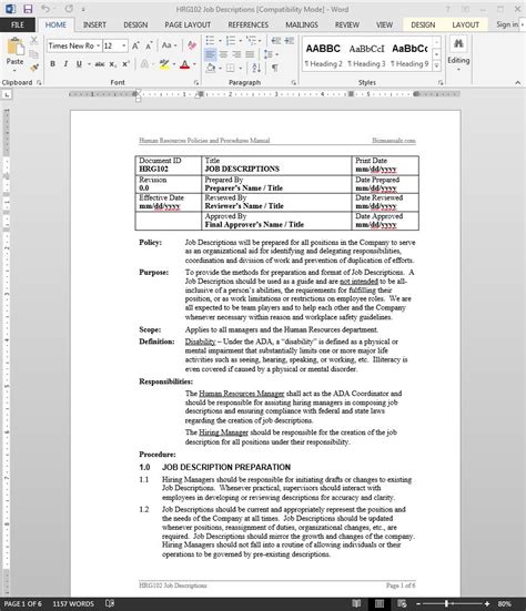 Hr Job Descriptions Procedure Template Word