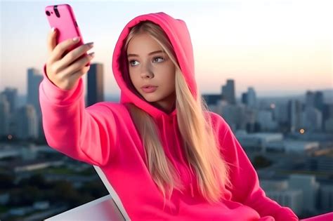 Blonde Girl In Pink Clothes Makes A Selfie Neural Network Ai Generated