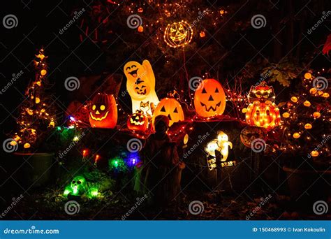 Scary Halloween Decorations Outdoors at Night Close Up Stock Image ...