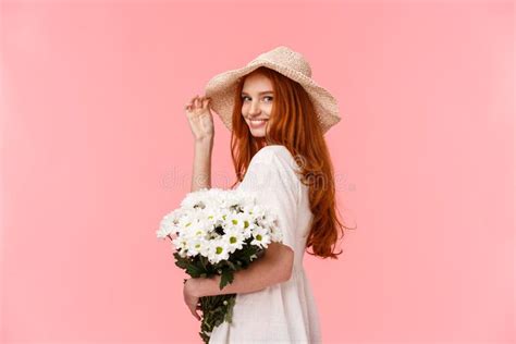 Romantic Silly And Tender Feminine Redhead Woman In Cute Hat Dress