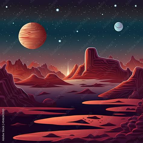 Mars Surface Alien Planet Landscape Night Space Game Background With