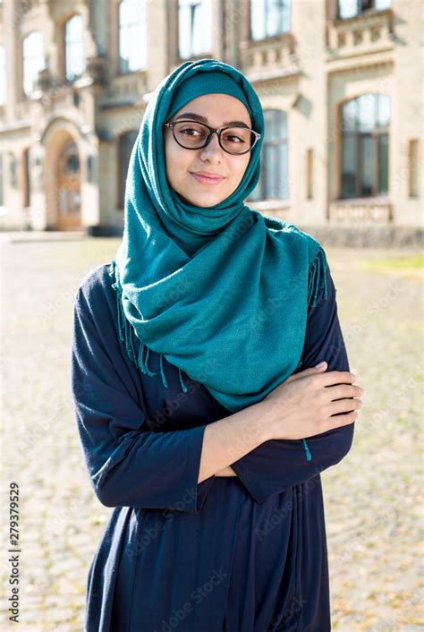 Smiling Muslim Islamic Young Business Woman Wearing Hijab Happy Arab