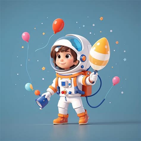 Un Astronauta Lindo Soplando Un Globo En Un Cohete Icono Vectorial De