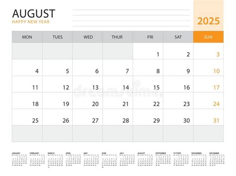 Calendar 2025 Template Vector On Orange Background August 2025 Week