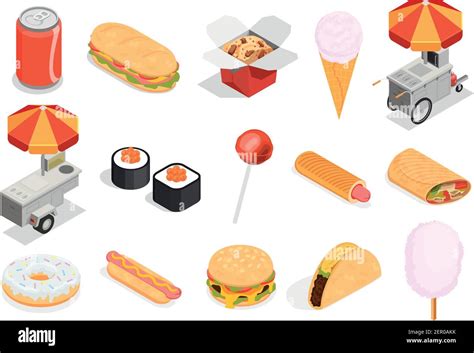 Street food icons set with sweets and fast food symbols isometric ...