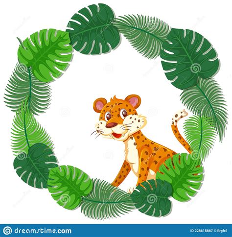 Round Green Leaves Banner Template With A Leopard Cartoon Character