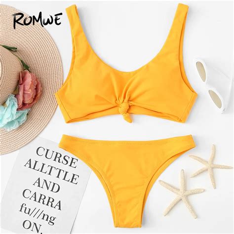 Romwe Sport Solid Yellow Cute Knot Front Polyamide Women Bikini Set