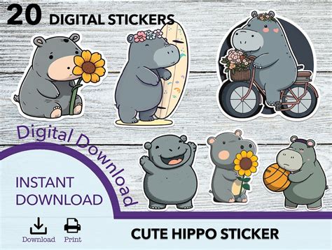 Hippo PNG Kawaii Stickers Sticker Png Bundle Printable Stickers