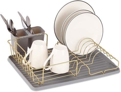 Buruis Dish Drying Rack Gold Dish Drainer Organizer Includes Removable Drain Board