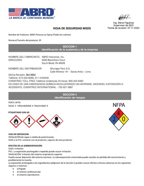 MSDS ABRO Pinturas EN Spray Todos LOS Colores HOJA DE SEGURIDAD