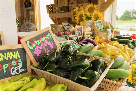 Baskets of produce at farmers market - Stock Photo - Dissolve