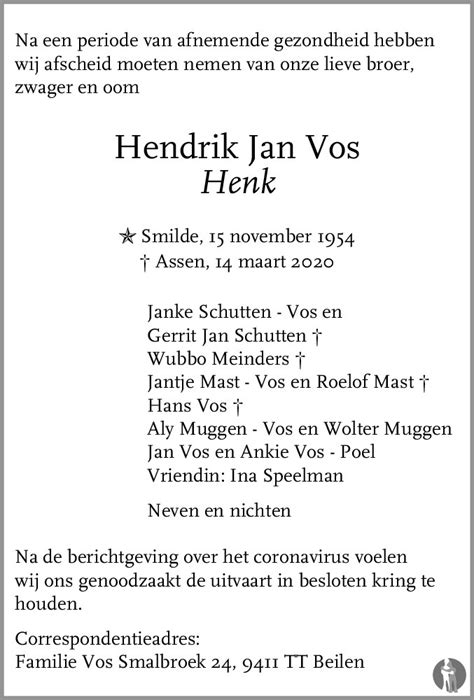 Hendrik Jan Henk Vos Overlijdensbericht En Condoleances