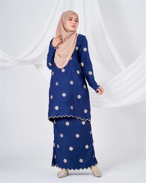 Baju Kurung Sulam Songket Tun Teja Teratai Navy Blue Kualiti Designer Harga Luarbiasa