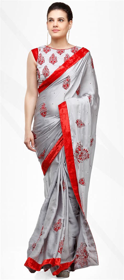 728382 Party Wear Traditional Black And Grey Color Satin Silk Silk Fabric Saree