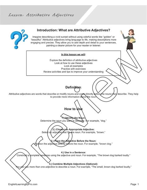 Attributive Adjectives Lesson Editable Fillable Printable Pdf