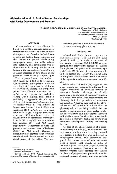 (PDF) Alpha-Lactalbumin in Bovine Serum: Relationships with Udder Development and Function