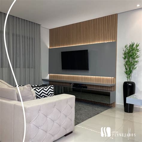 Painel Mdf Para Sala - Painel de Sala Ripado em MDF Itapuã e Cinza Sagrado Cristallo