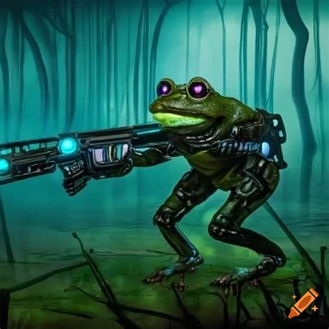 Mechanical Frog With Plasma Rifle In A Swamp On Craiyon