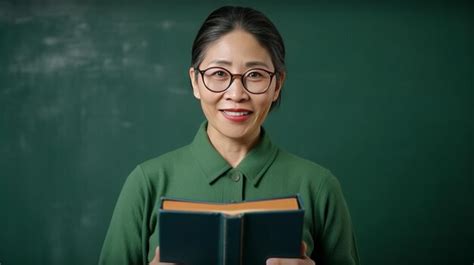 Premium Photo Asian Teacher Holding Chalk And Book On Green