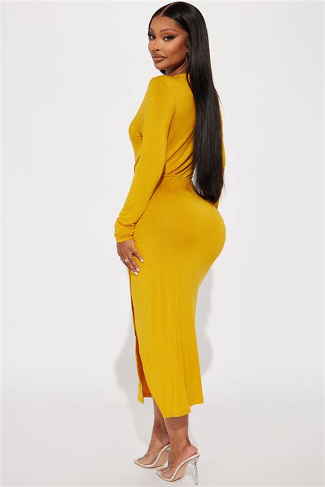 Claire Ruched Midi Dress Mustard Fashion Nova Dresses Fashion Nova