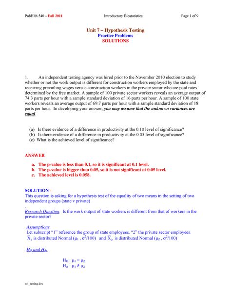 Sol Testing Unit 7 Hypothesis Testing Practice Problems SOLUTIONS