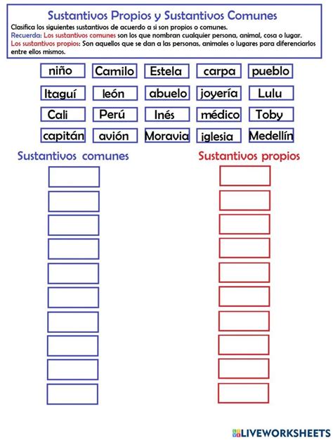 Pdf Online Exercise Sustantivos Propios Y Comunes Sustantivo Hojas