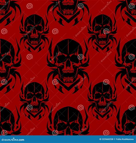 Seamless Symmetrical Pattern Of Black Human Skulls On A Red Background