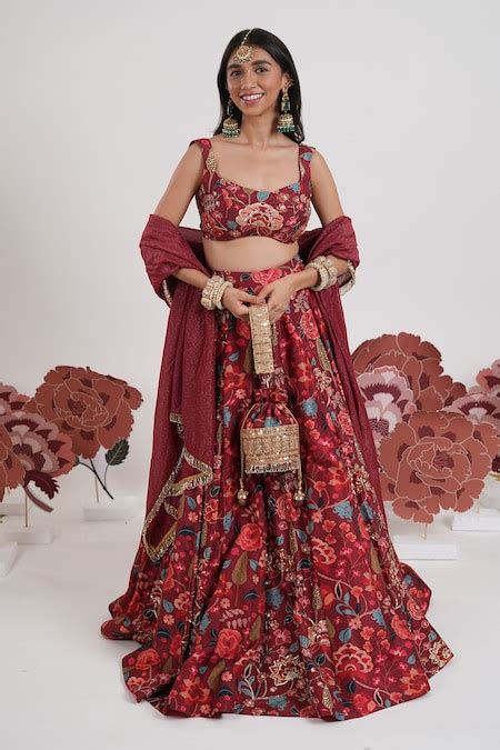 Buy Red Dola Silk Printed Floral Sweetheart Gulabo Blossom Lehenga Set