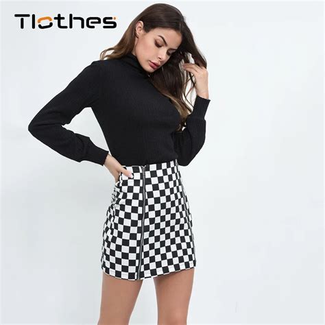 Sexy Checkerboard Clothes High Waist Skirt Women Zipper Up Black White