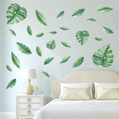 Decalmile Green Leaves Wall Decals Tropical Palm Tree Leaves Wall