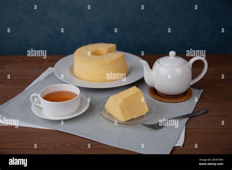 Plain Chiffon Cake Hot Tea Set Isolated On White Background Stock Photo Alamy