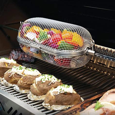 Stainless Steel Rolling Grill Basket Bbq Wire Mesh Cylinder Grilling Basket